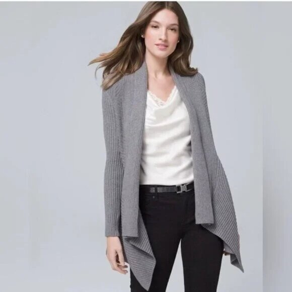 2/$30 White House Black Market Ribbed Waffle Open Cardigan Grey Small #A0037 - Picture 1 of 9